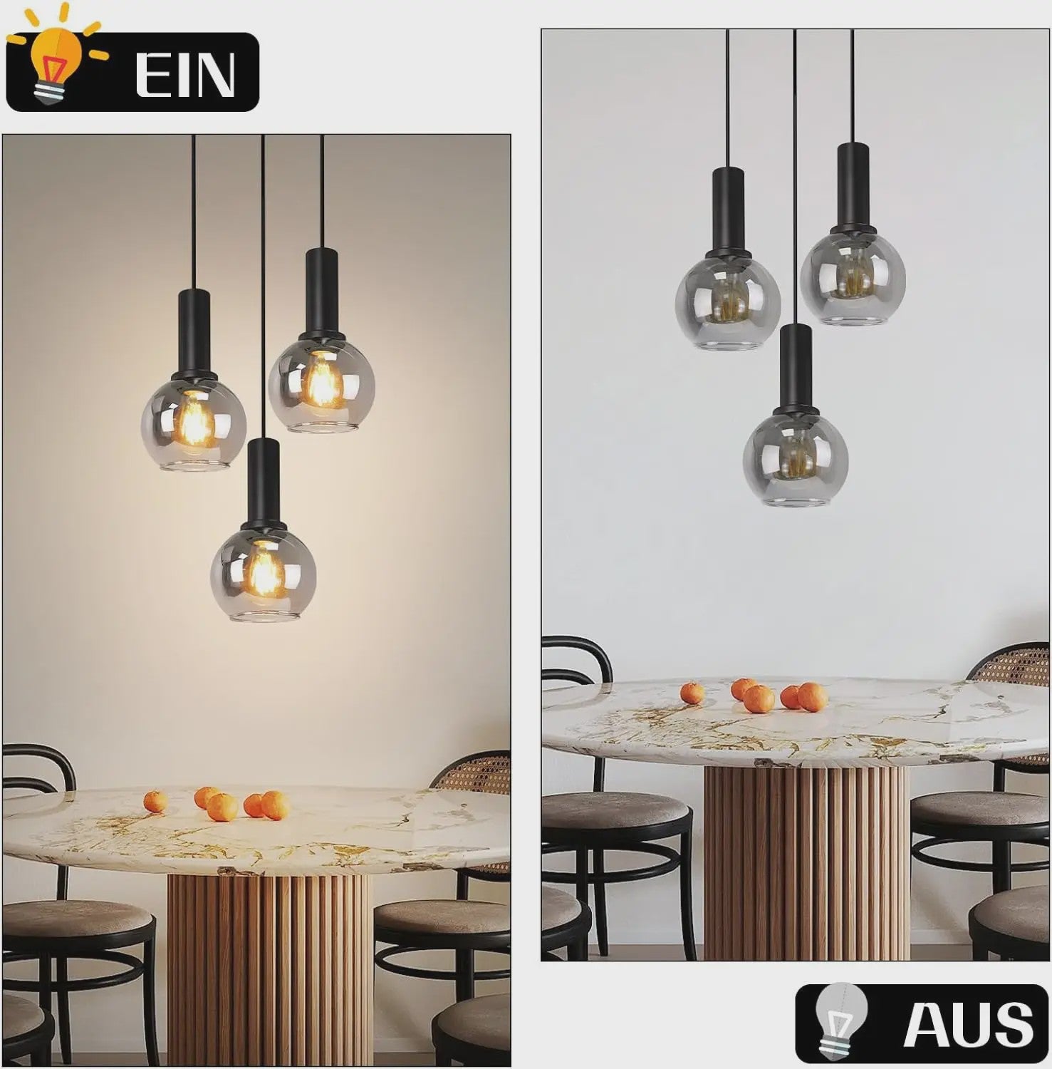 3-Lichts Hanglamp Glas - Vintage Stijl Pendellamp voor Eettafel & Woonkamer - In Hoogte Verstelbaar