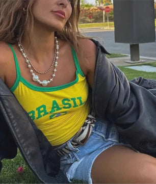 Hot Selling Women's T-shirt Brazil Letter Aesthetic 90s Crop Tops Summer Short Sleeve Tees Kpop Streetwear Harajuku Y2K Clothes