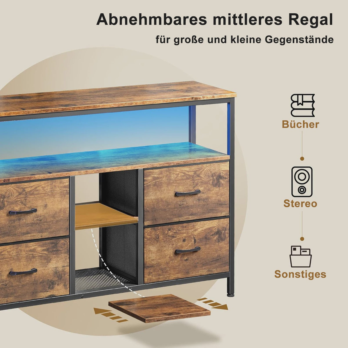 Industrieel TV-meubel 108cm met 4 Stoffen Lades en RGB LED-verlichting