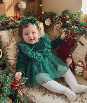 Baby Meisjes Kerst Romper Jurk met Lange Mouwen, Ruches, Tule en Hoofdband