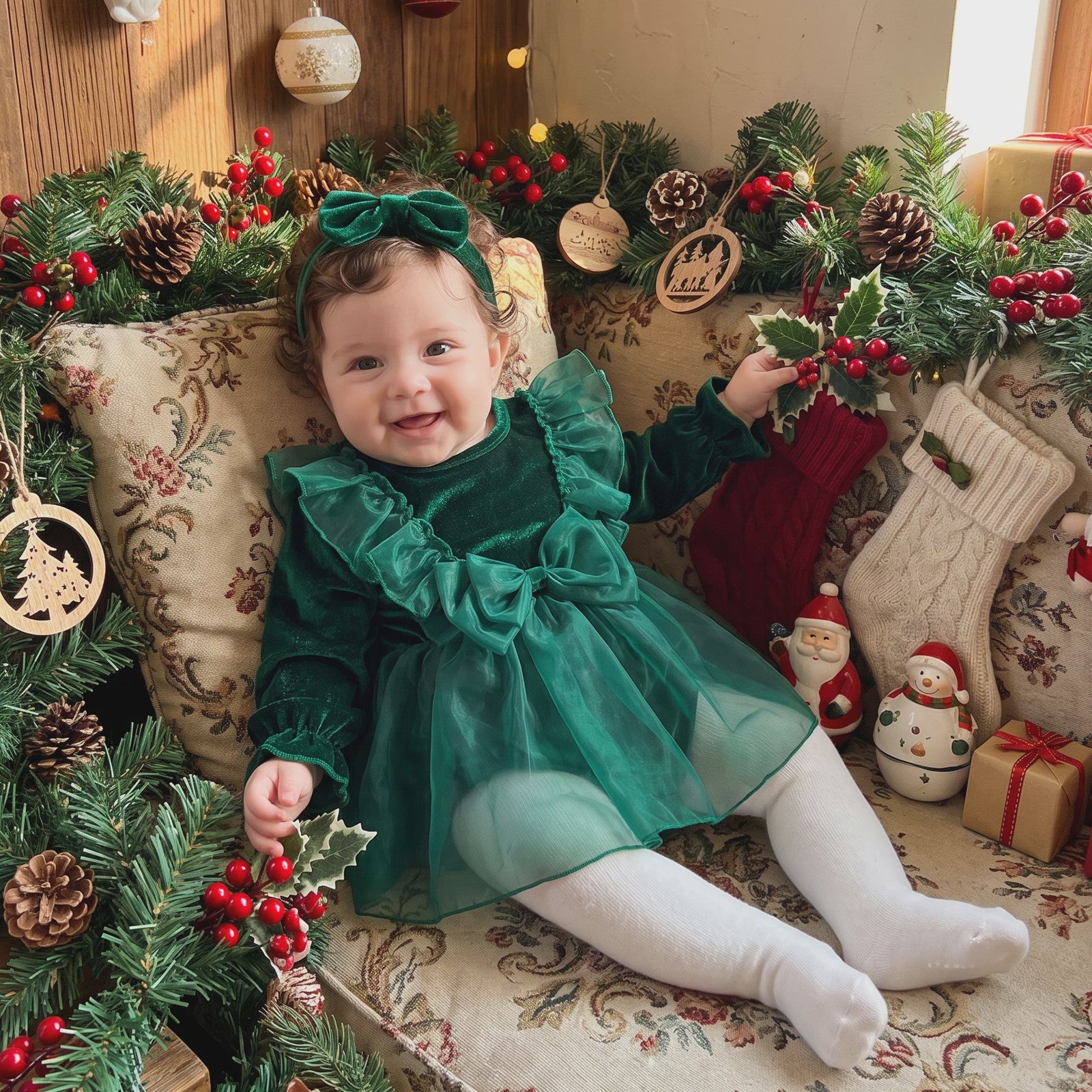 Baby Meisjes Kerst Romper Jurk met Lange Mouwen, Ruches, Tule en Hoofdband