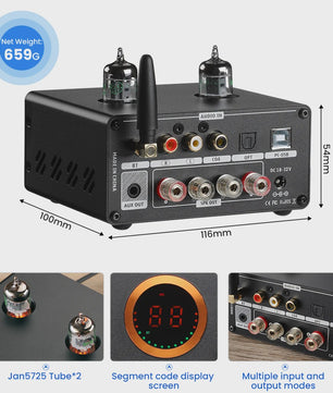 AIYIMA T9 PRO HiFi Bluetooth 5.2 Tube Versterker met VU Meter - 100W x 2 Stereo Audio Amp met USB DAC, COAX & OPT