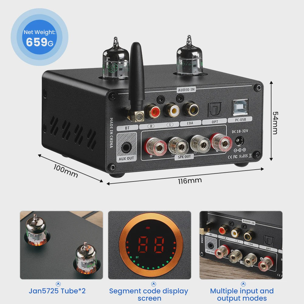 AIYIMA T9 PRO HiFi Bluetooth 5.2 Tube Versterker met VU Meter - 100W x 2 Stereo Audio Amp met USB DAC, COAX & OPT
