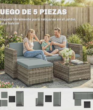 Outsunny 5-delige Rotan Loungeset met Kussens en Glazen Tafel - Tuinmeubelen