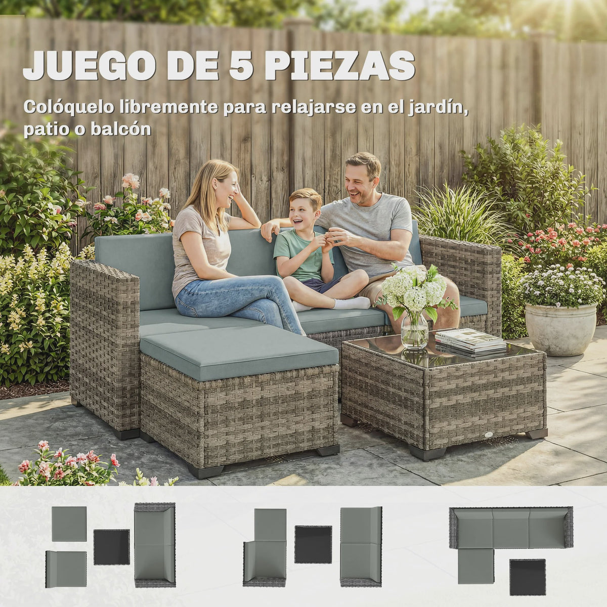 Outsunny 5-delige Rotan Loungeset met Kussens en Glazen Tafel - Tuinmeubelen