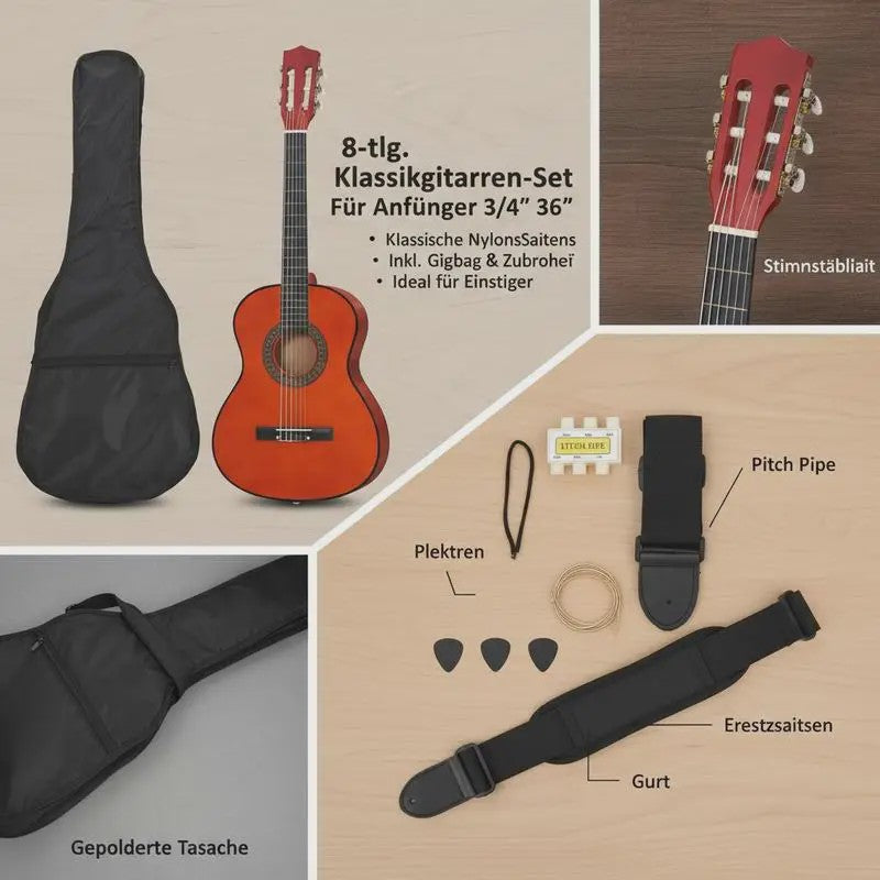 8-delige Klassieke Gitaar Set voor Beginners - 3/4 Maat (36 Inch)