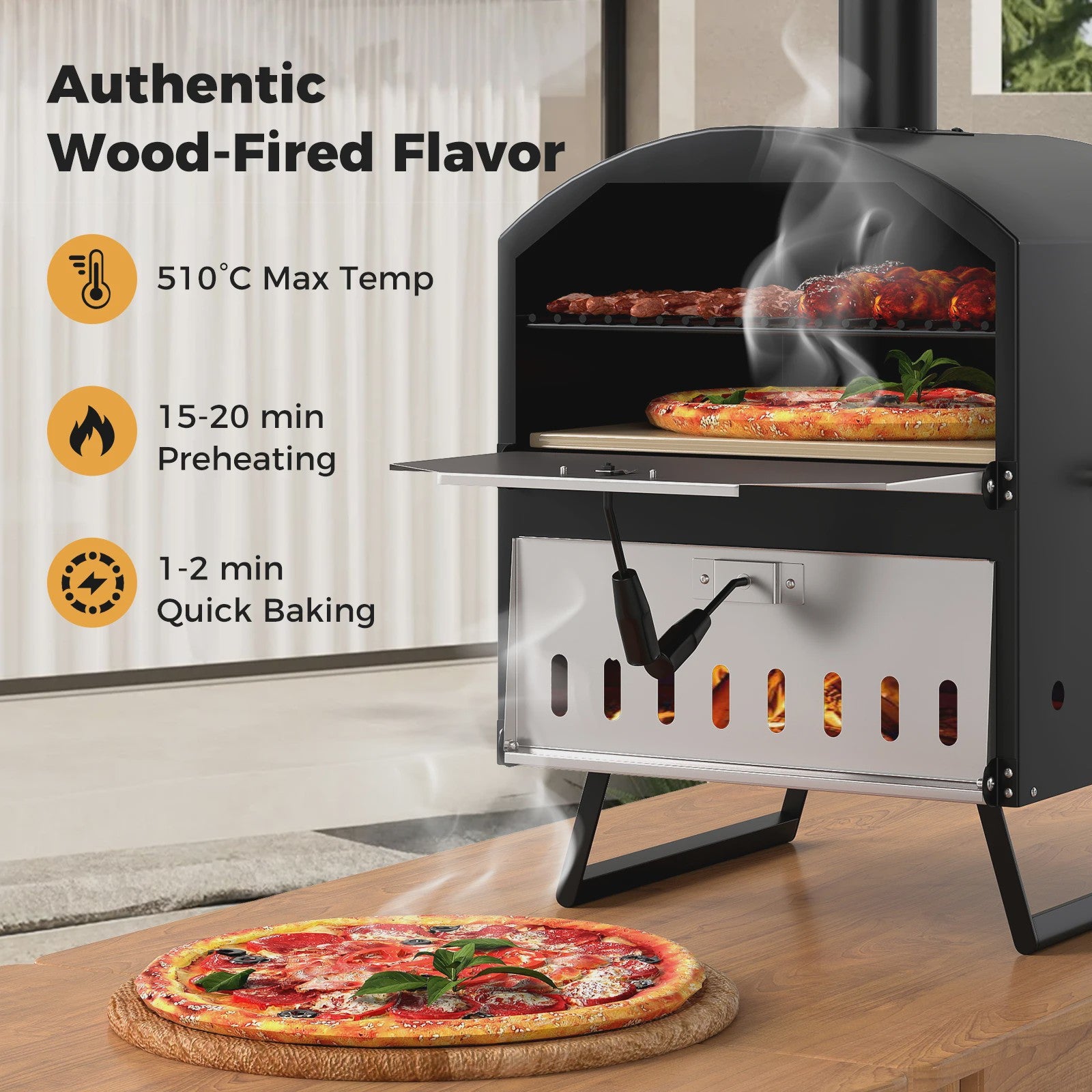 Houtgestookte Pizzaoven Buiten - Draagbare Pizza Maker met Steen, Spatel & Grillroosters