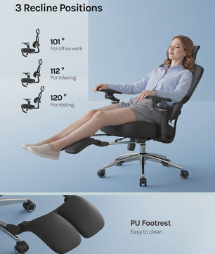 Ergonomische bureaustoel met 3D hoofdsteun, 6D armsteunen en verstelbare diepte