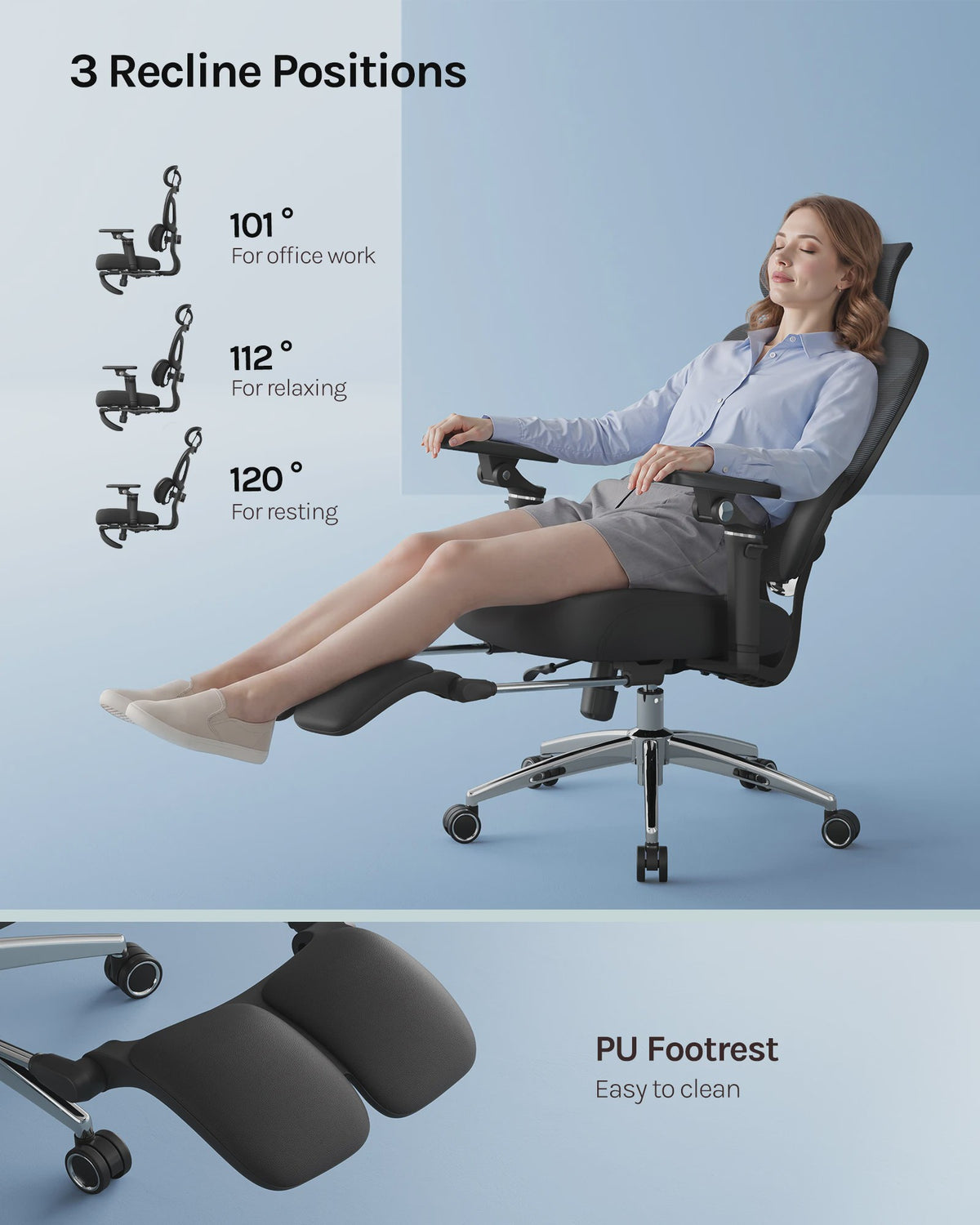 Ergonomische bureaustoel met 3D hoofdsteun, 6D armsteunen en verstelbare diepte
