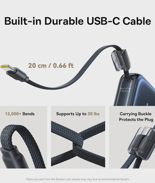Baseus 45W Mini Powerbank 10000mAh met Ingebouwde USB-C Kabel - Compact & Snel Laden