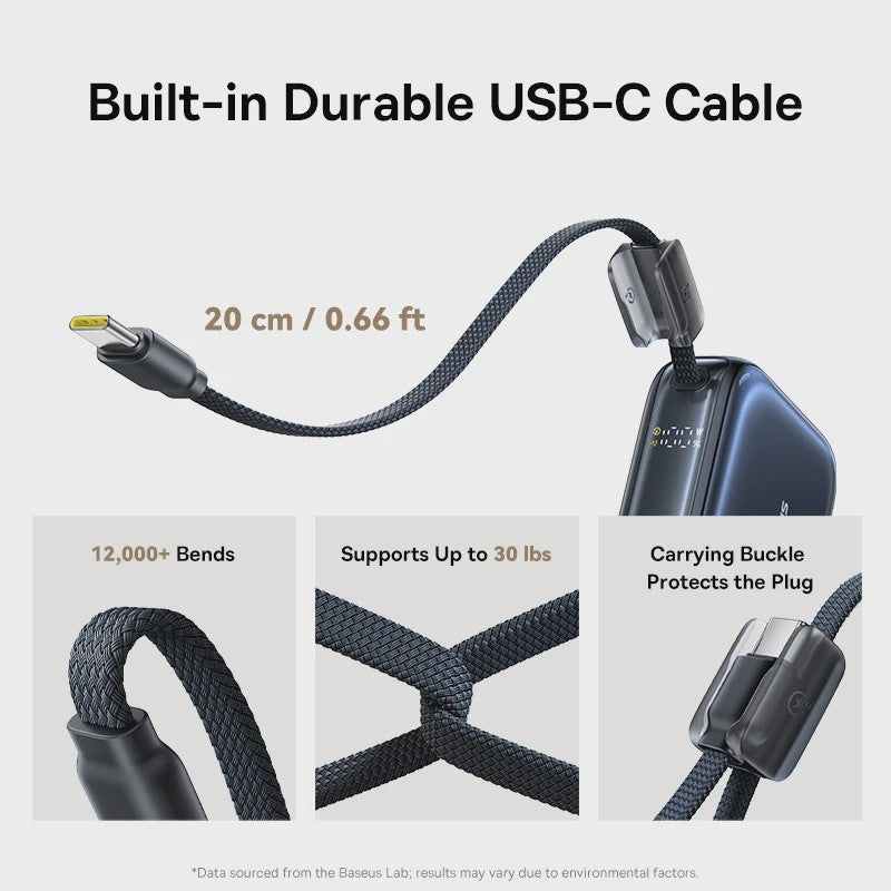 Baseus 45W Mini Powerbank 10000mAh met Ingebouwde USB-C Kabel - Compact & Snel Laden