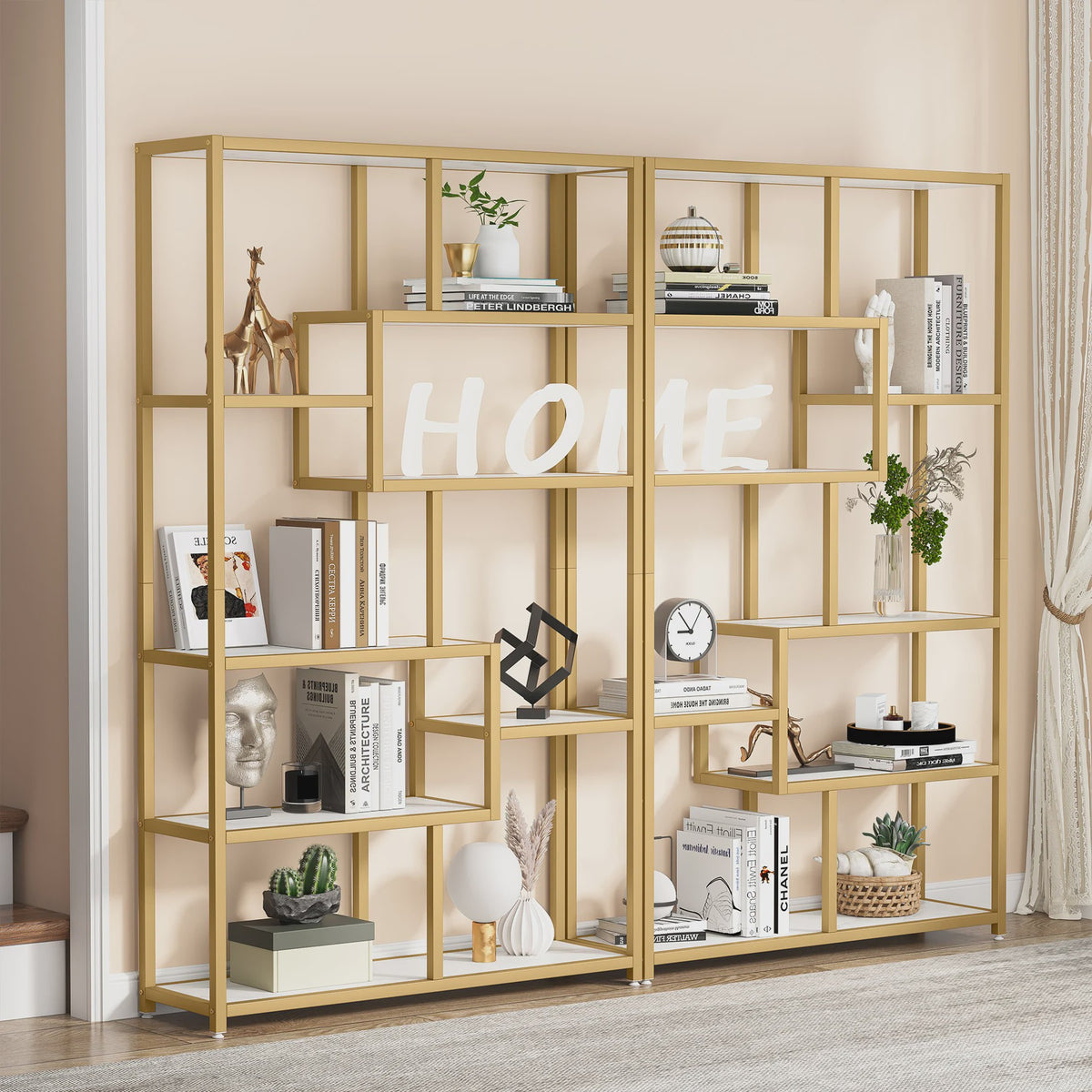 Moderne Gouden Boekenkast met 5 Niveaus - Stijlvolle Open Opbergrek