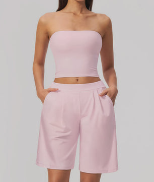 Dames Yogaset 2-delig: Strapless Crop Top & Plissé Shorts voor Fitness, Running & Gym