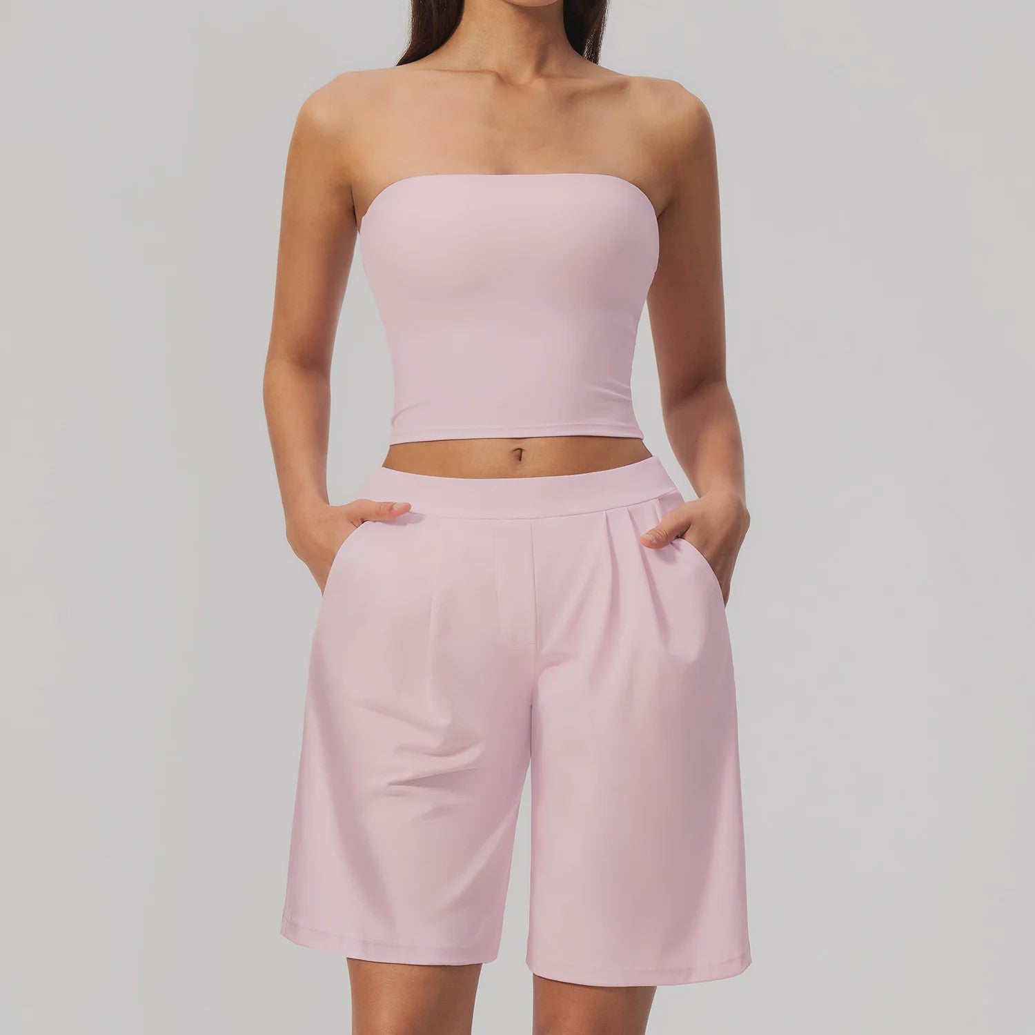 Dames Yogaset 2-delig: Strapless Crop Top & Plissé Shorts voor Fitness, Running & Gym