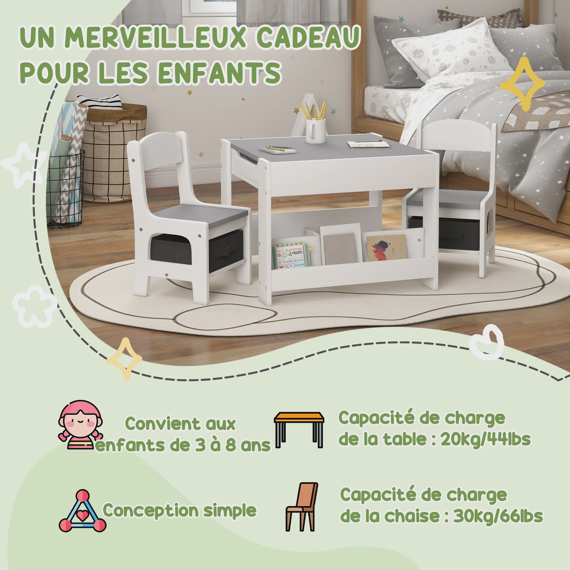 HOMCOM Kinder Tafel en Stoelen Set: 3 Delig met Opbergruimte en Omkeerbaar Zwart Blad