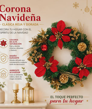 Kunstkerstkrans Rood met Poinsettia & Gouden Dennenappels - 45/55cm