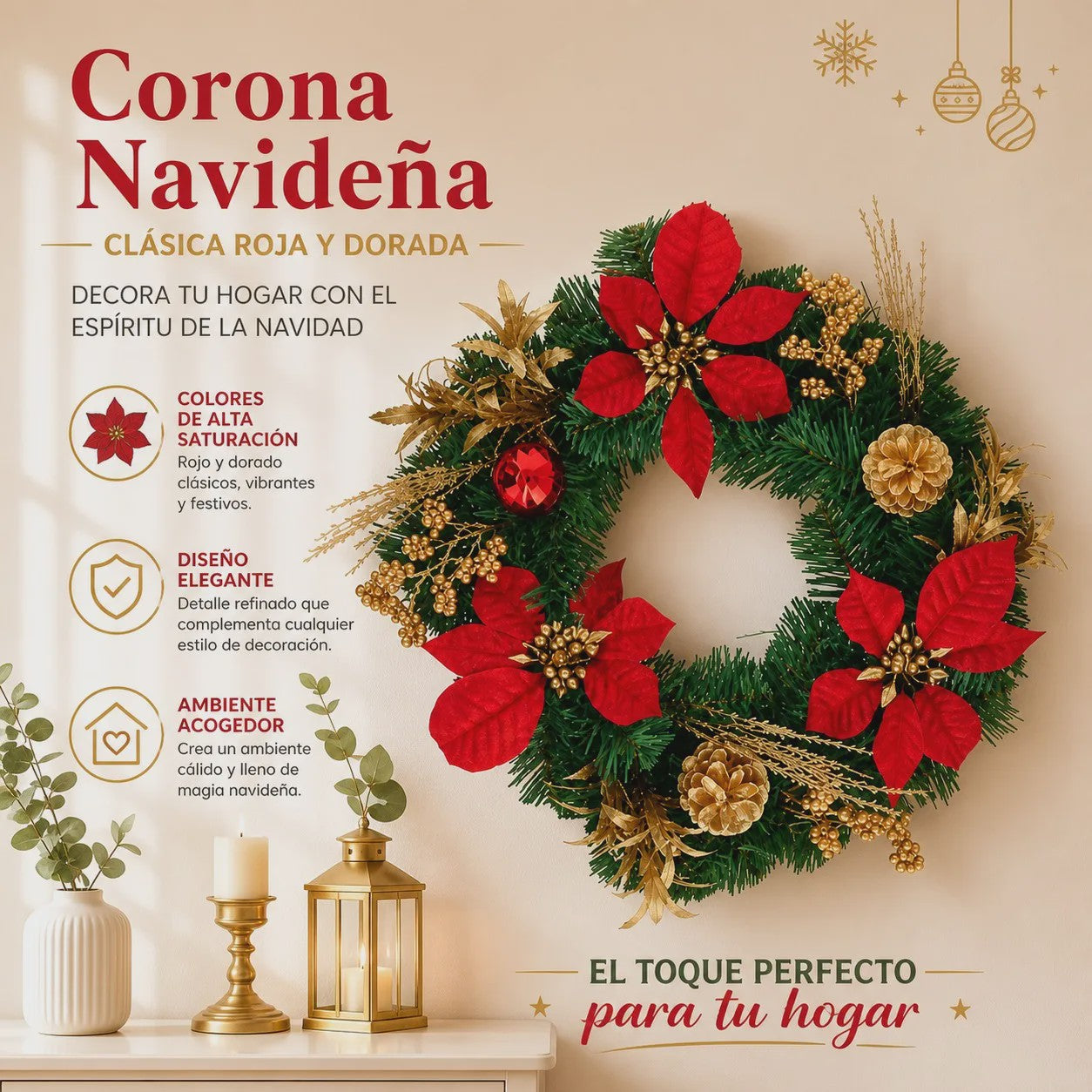 Kunstkerstkrans Rood met Poinsettia & Gouden Dennenappels - 45/55cm