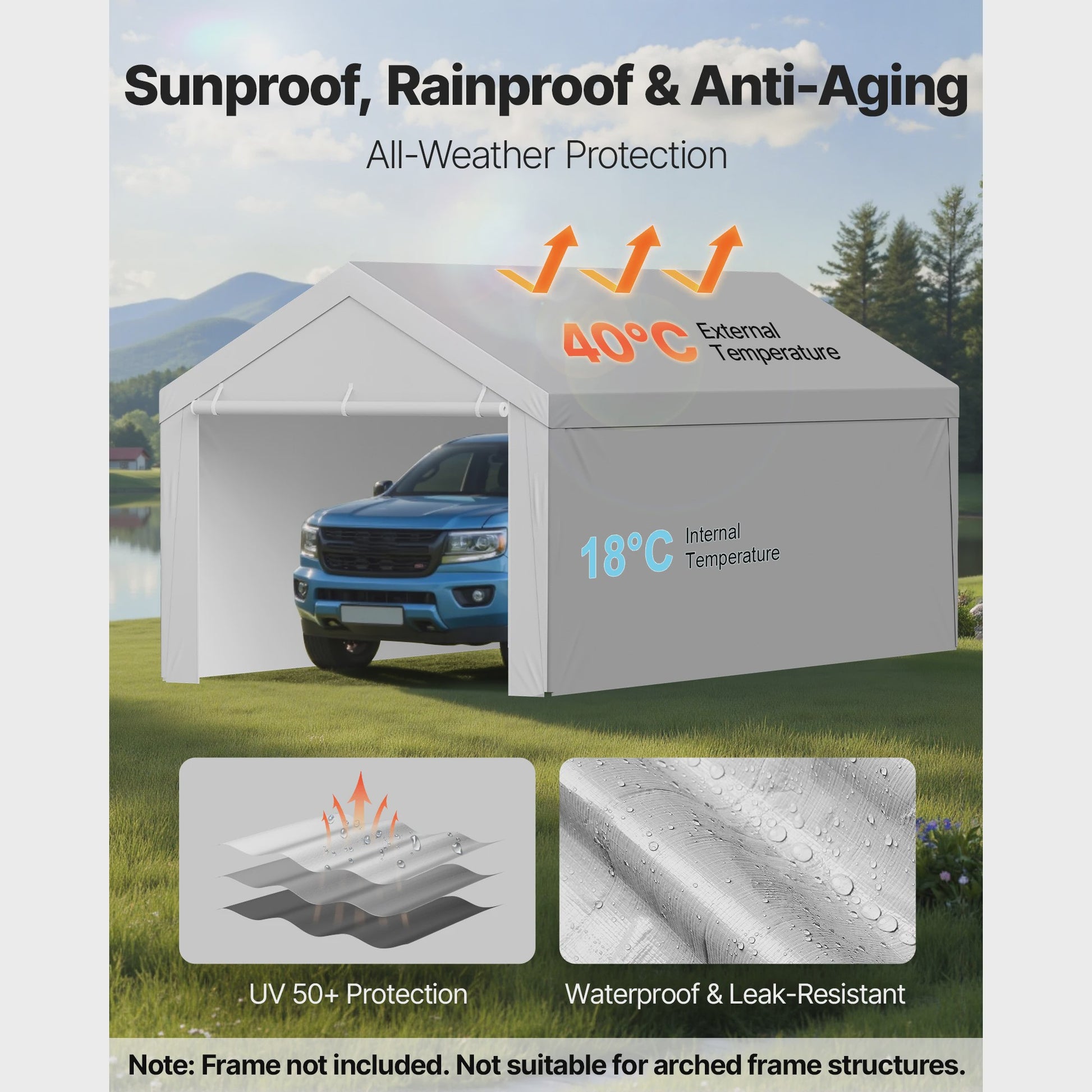 12x20 FT Carport Vervangingsdak - Waterdicht & UV-bestendig Garage Tentzeil met Zijwanden