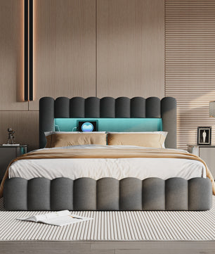 Luxe Gestoffeerd Dubbel Bed met LED Verlichting en USB Poort - Zonder Matras