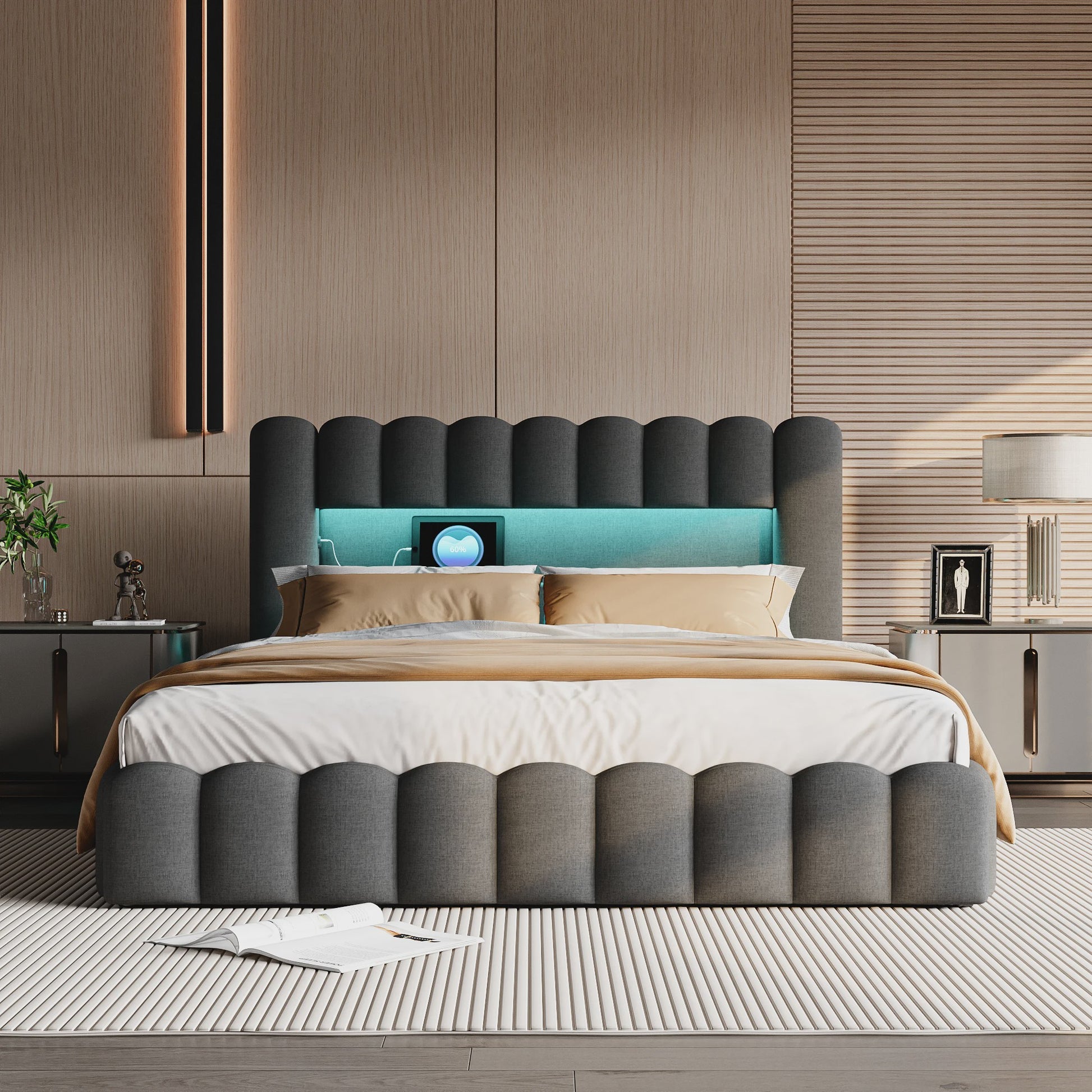 Luxe Gestoffeerd Dubbel Bed met LED Verlichting en USB Poort - Zonder Matras