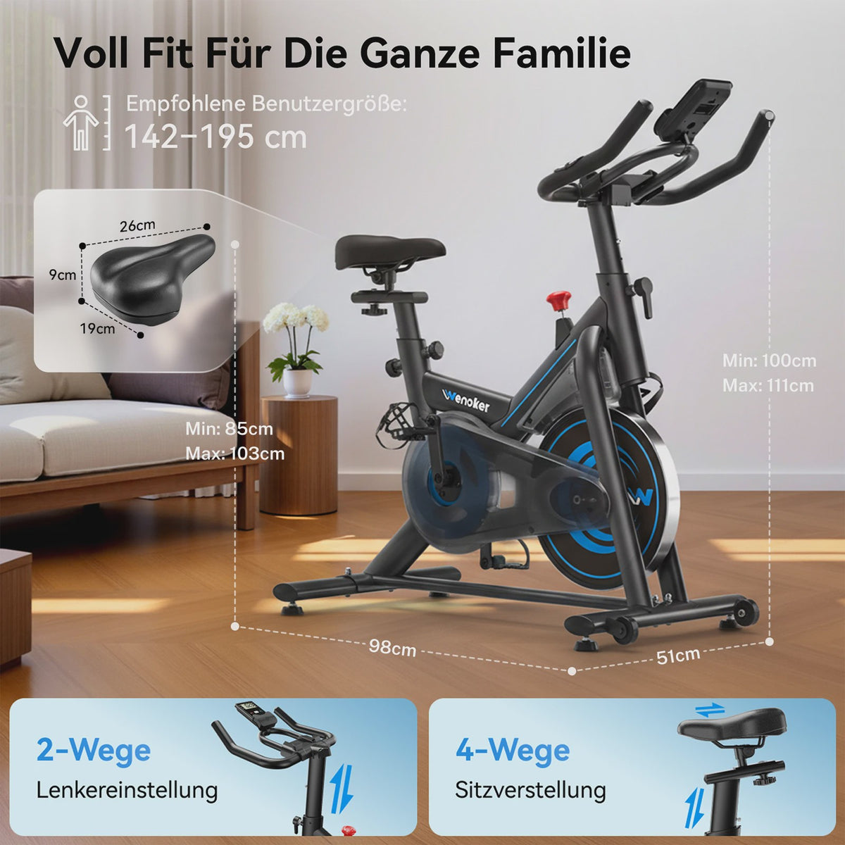 Wenoker Hometrainer Fiets met App - Stille Ergometer Spinning Bike voor Thuis (max 160kg)