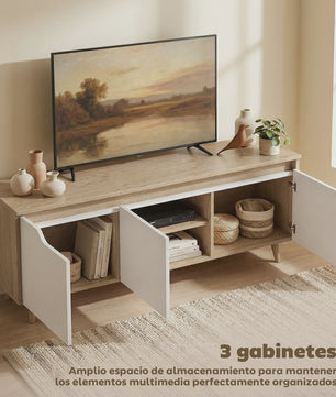 Moderne TV Meubel met 3 Deuren - 120cm Breed - Eiken & Wit