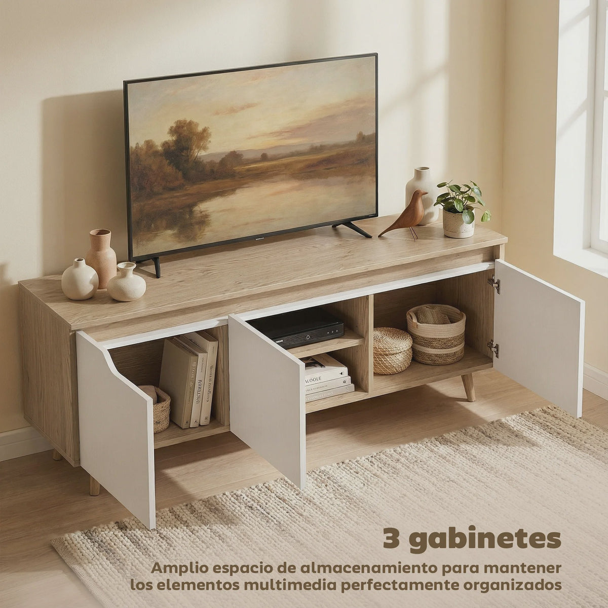 Moderne TV Meubel met 3 Deuren - 120cm Breed - Eiken & Wit