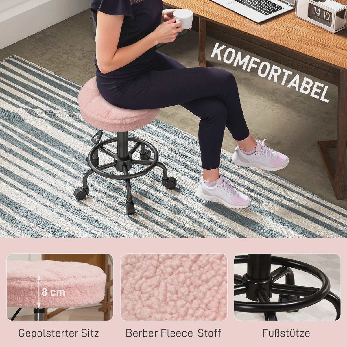 Comfortabele, In Hoogte Verstelbare Draaibare Werkstoel op Wielen (55-66 cm)
