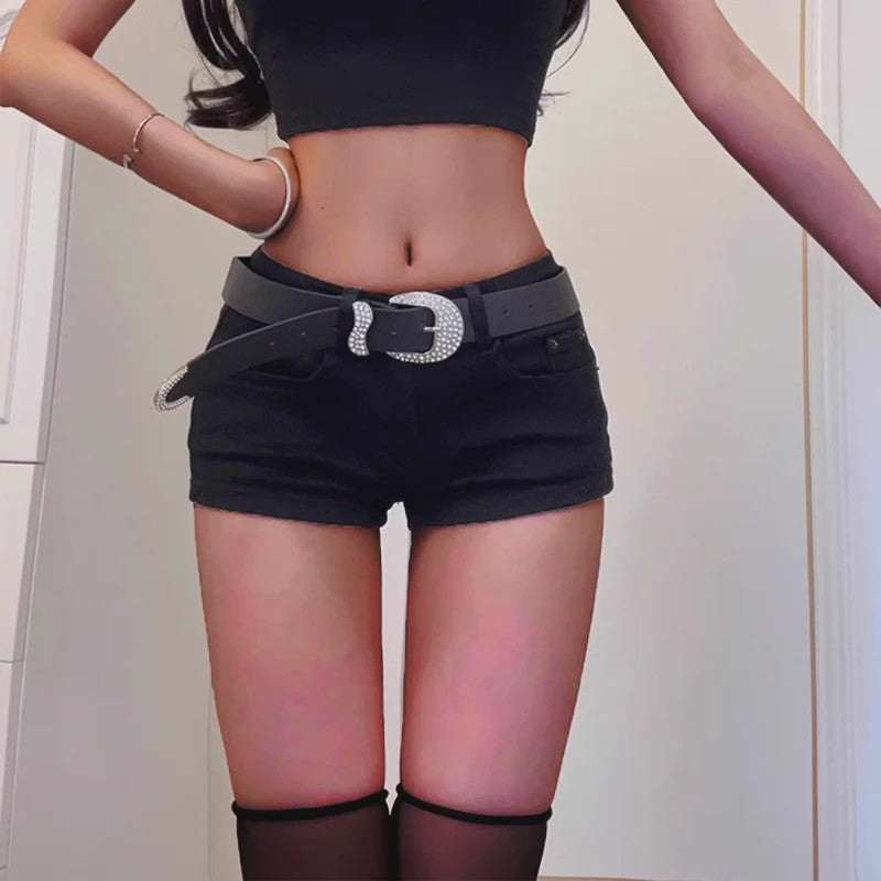 High Waist Straight Leg Denim Shorts Zwart - Y2k Streetwear Stijl