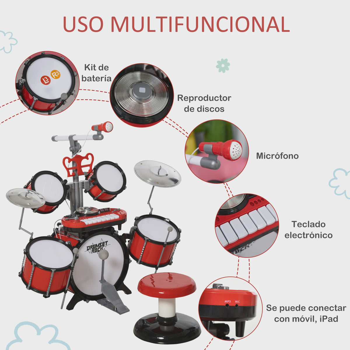Homcom Children's Jazz Drum Set Electronic Keyboard Microphone +3 Years