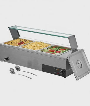 Professionele Bain-Marie Warmhoudbak - 3x 1/2 GN - Roestvrij Staal met Glazen Deksel & Soeplepel