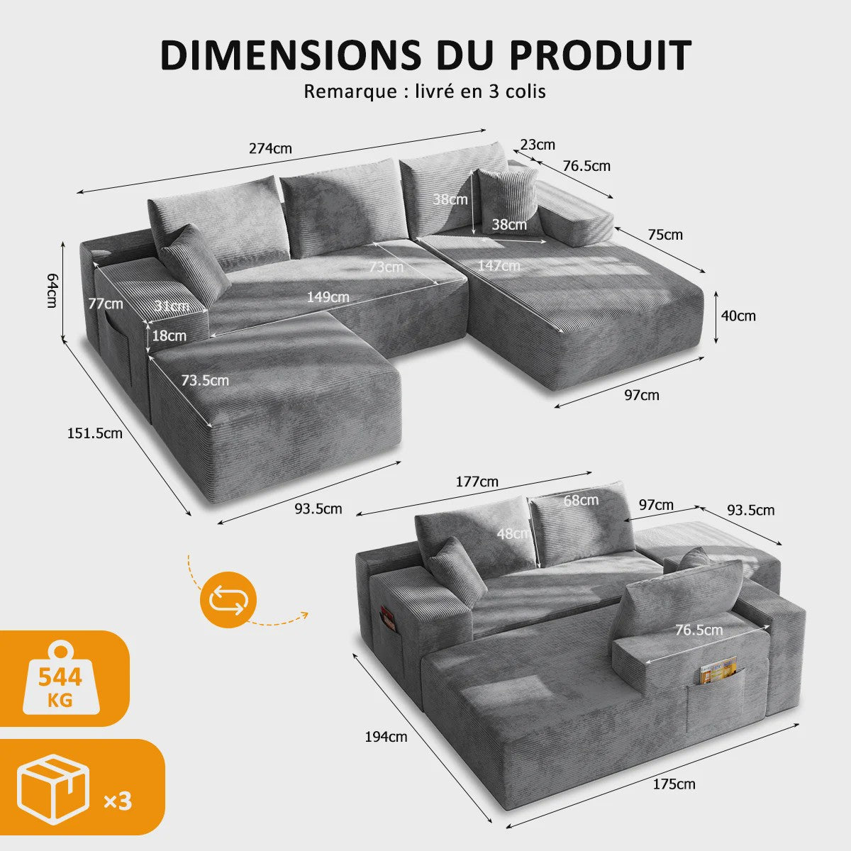 Moderne U-vormige Corduroy Bank met Memory Foam - Modulair en Comfortabel