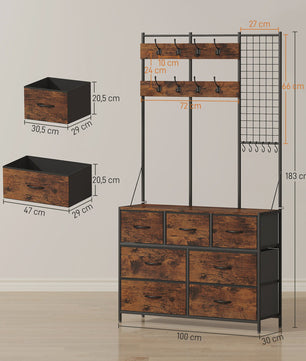 HOMCOM 4-in-1 Entree Meubel met 7 Lades en 14 Haken - Industrieel Zwart & Rustiek Bruin