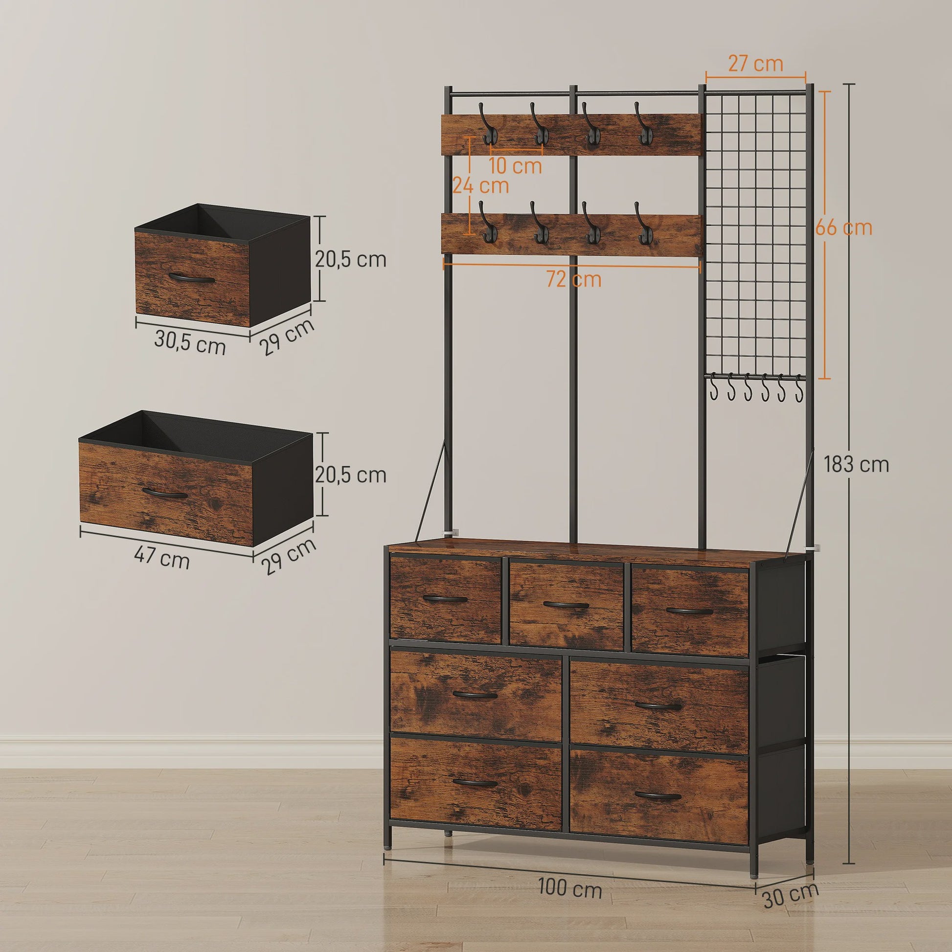 HOMCOM 4-in-1 Entree Meubel met 7 Lades en 14 Haken - Industrieel Zwart & Rustiek Bruin
