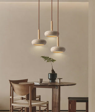 Wabi Sabi Hanglamp Geel Natuursteen met Hout - Sfeervolle Verlichting voor Eetkamer & Slaapkamer