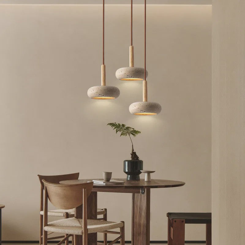 Wabi Sabi Hanglamp Geel Natuursteen met Hout - Sfeervolle Verlichting voor Eetkamer & Slaapkamer