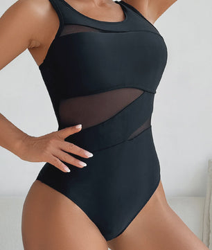 Dames Zwart Badpak met Mesh Inzet en Twee Schouderbanden