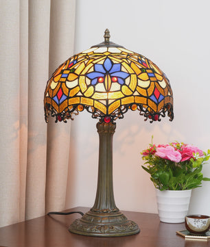 Vintage Gebrandschilderd Glas Tafellamp - Pauwstaart Stijl