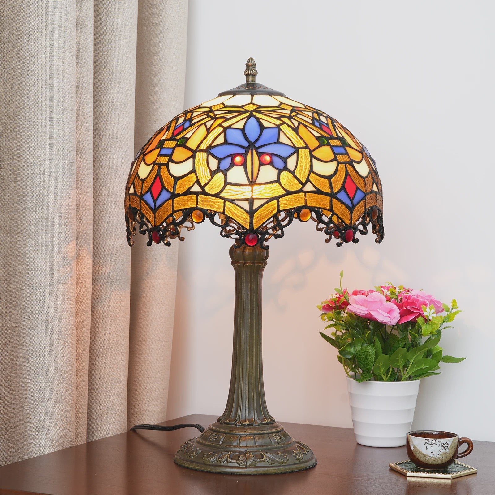 Vintage Gebrandschilderd Glas Tafellamp - Pauwstaart Stijl