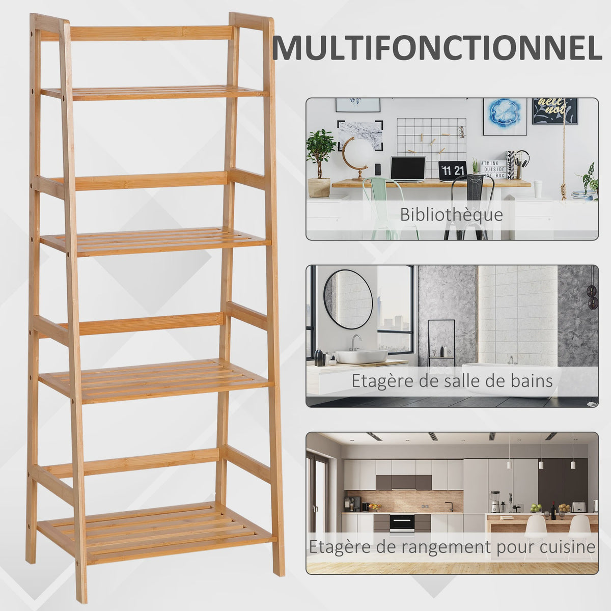 HOMCOM Bamboe Boekenkast 4 Niveaus - Stijlvolle Ladderplank 48x31.5x120 cm
