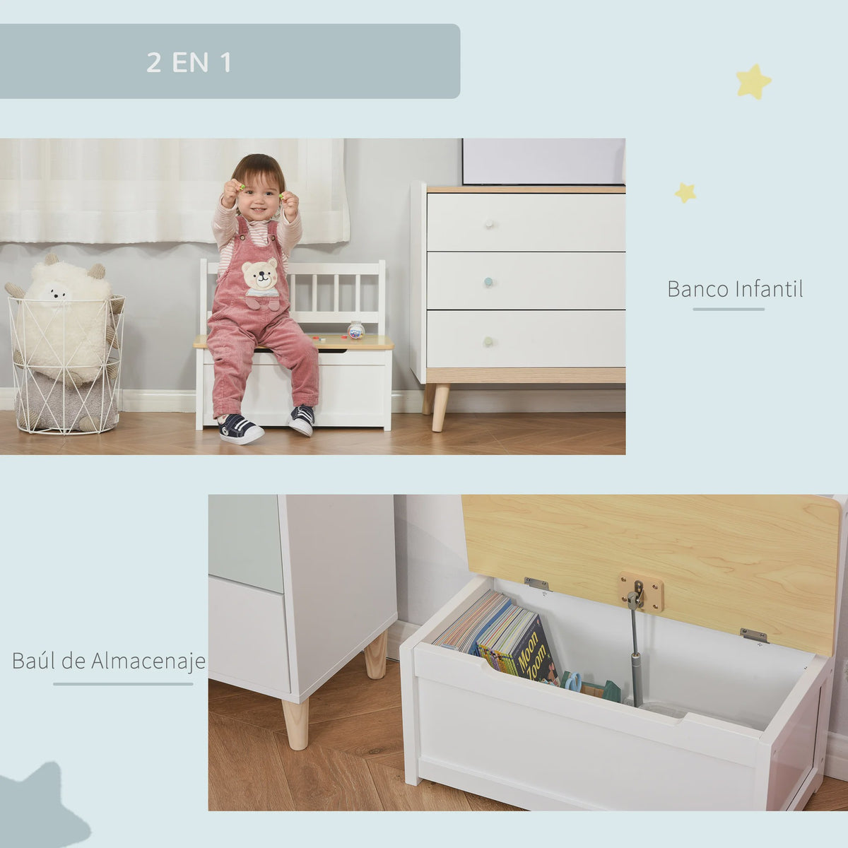 Homcom Wooden Toy Chest Storage with Lid and Backrest for Children