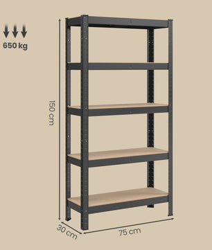 Songmics Metalen Stellingkast 5 Legborden Set van 2 - 150x75x30cm - Hoge Draagkracht