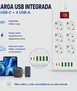 Universele Stekkerdoos met 6 of 8 Schuko Stopcontacten en 6 USB Poorten (2x USB-C, 4x USB-A), 2m Kabel, Wit