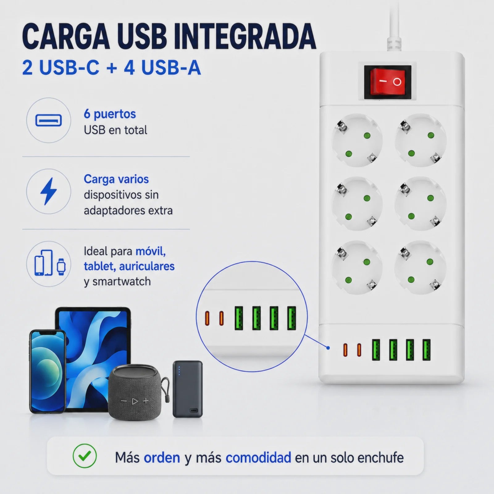 Universele Stekkerdoos met 6 of 8 Schuko Stopcontacten en 6 USB Poorten (2x USB-C, 4x USB-A), 2m Kabel, Wit