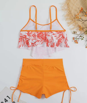 Dames Bikini Set met Hoge Taille en Bladprint - Zomerse Strandkleding
