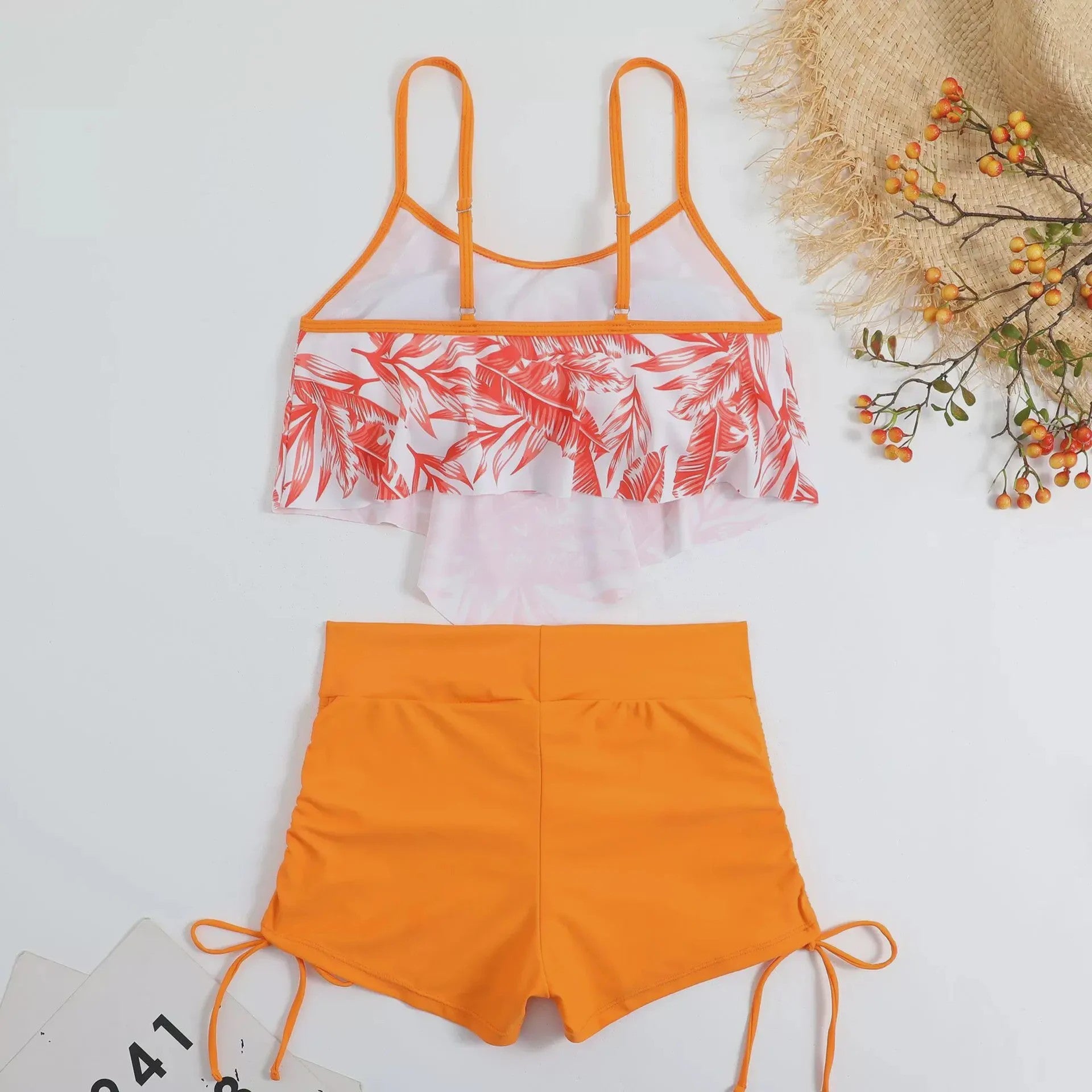 Dames Bikini Set met Hoge Taille en Bladprint - Zomerse Strandkleding
