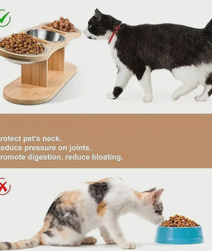 Verhoogde Bamboe Voerbak voor Hond en Kat - 3 Bakken, Ergonomisch Ontwerp