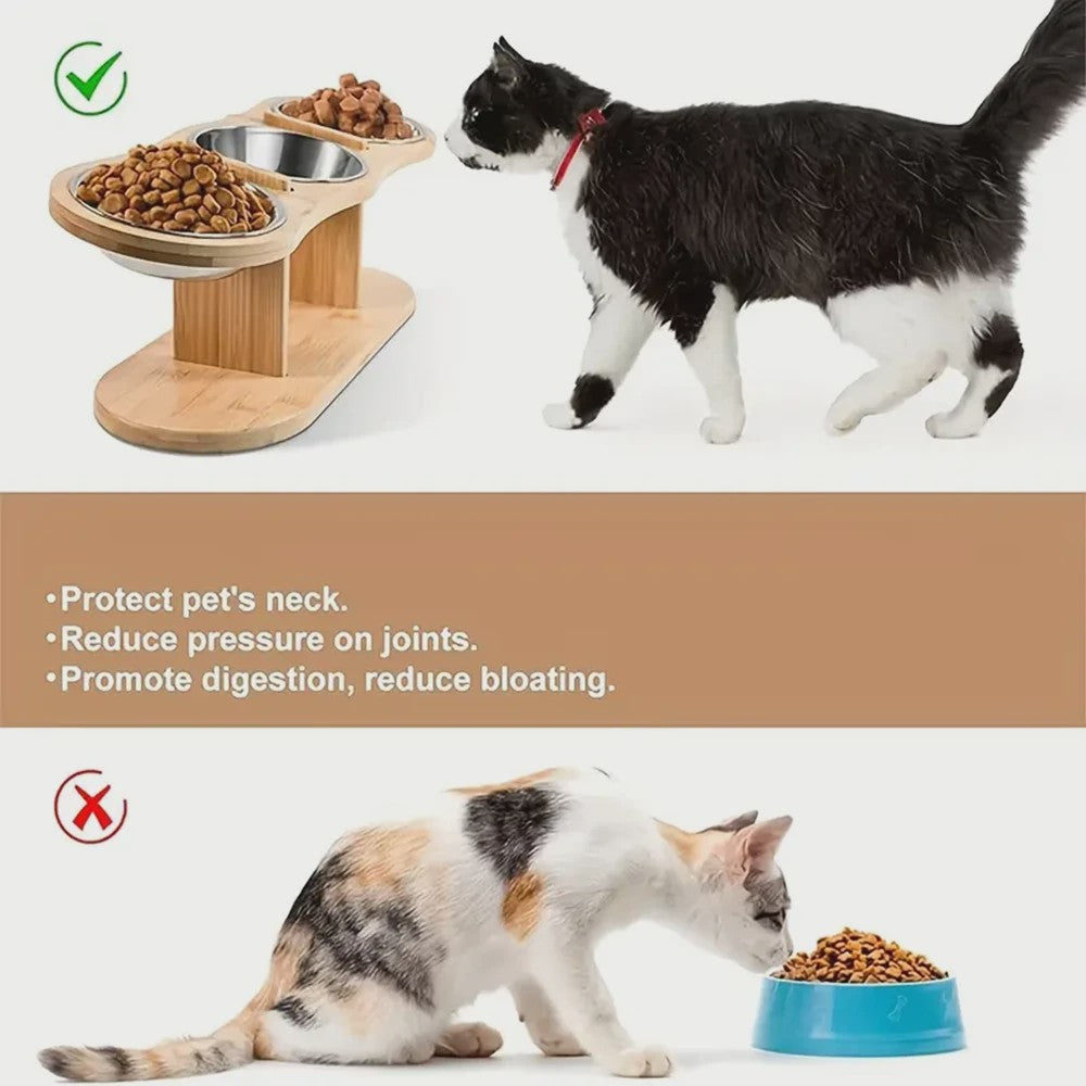 Verhoogde Bamboe Voerbak voor Hond en Kat - 3 Bakken, Ergonomisch Ontwerp