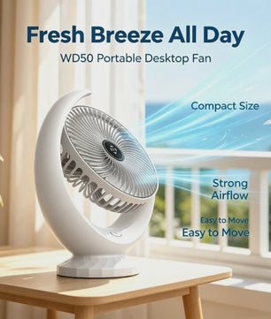 Draagbare USB Bureauventilator WD50 - Stil, Oplaadbaar met 3 Snelheden en 1200mAh Batterij