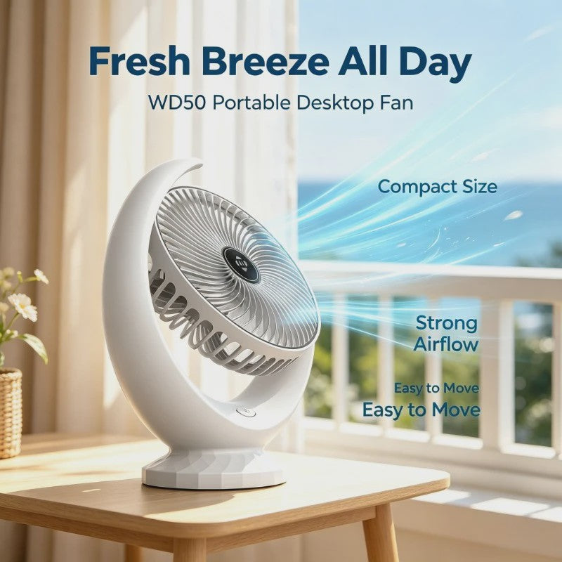 Draagbare USB Bureauventilator WD50 - Stil, Oplaadbaar met 3 Snelheden en 1200mAh Batterij